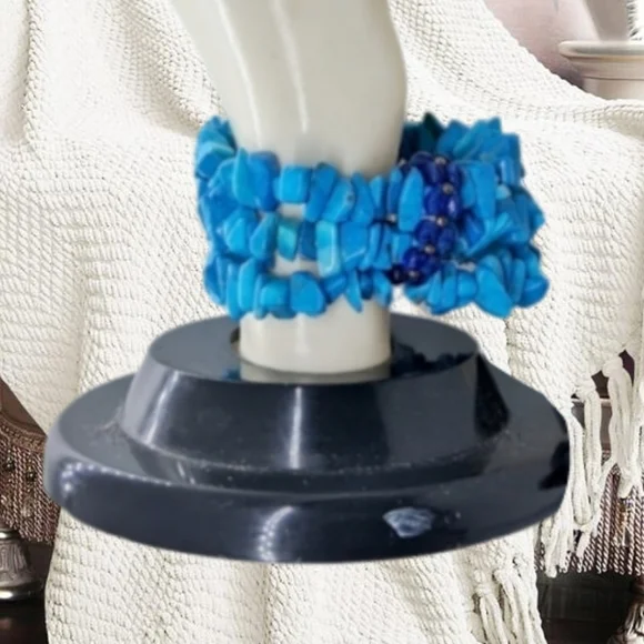 Genuine Turquoise Triple Layer Beaded Stretchy Bracelet - Picture 2 of 5